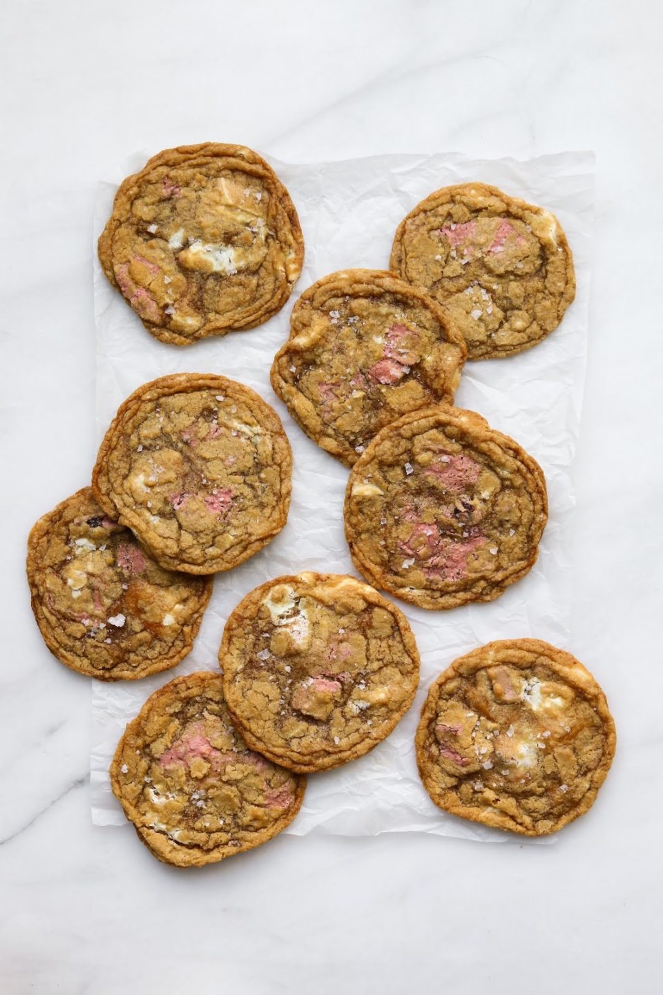 Ruby and white chocolate chewy matcha cookies